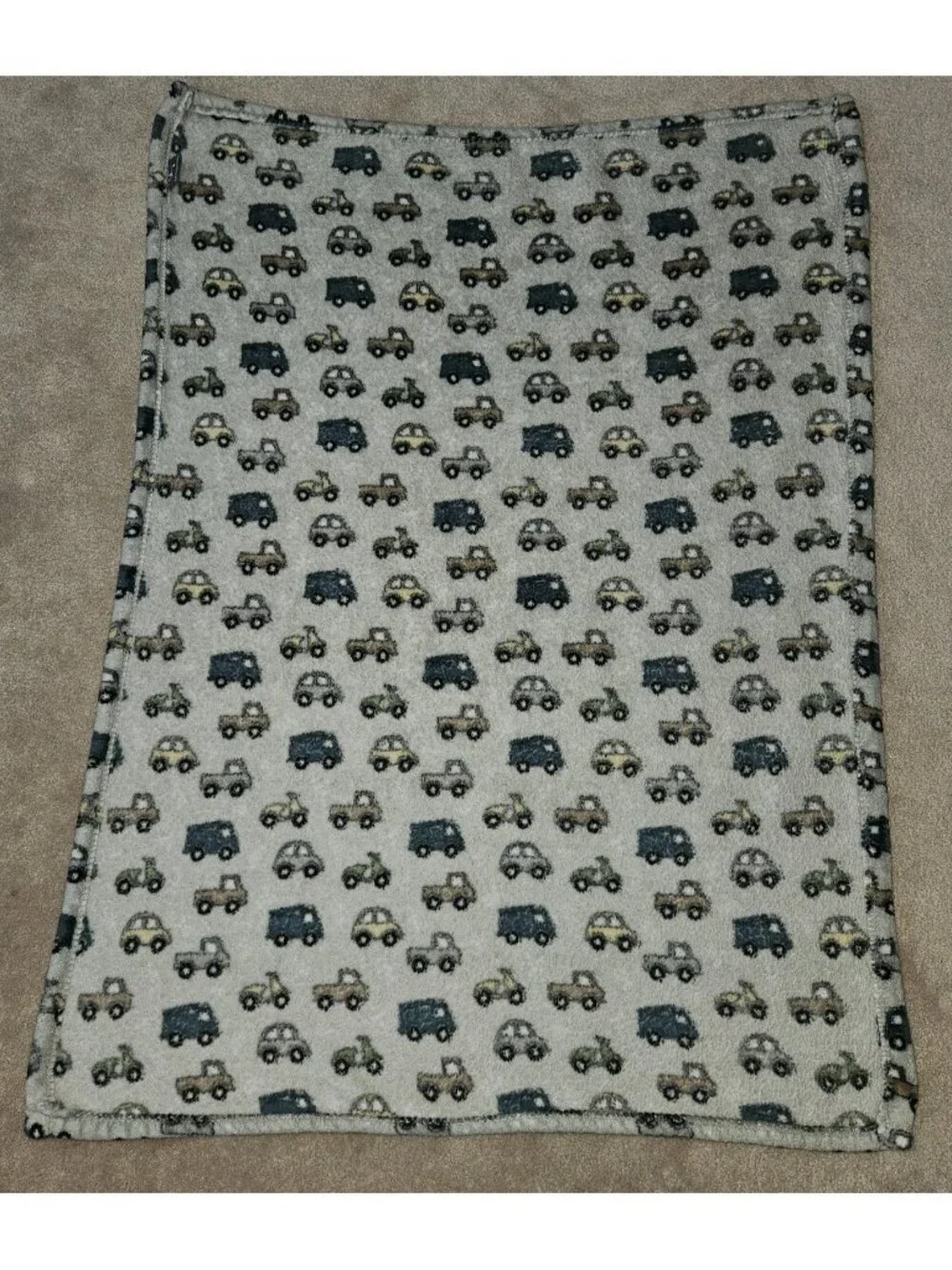 Adirondack Baby Blanket Fleece 28x38 Gray Vehicles Cars Trucks Blue Yellow Green